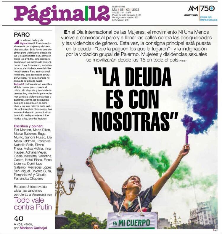 “La deuda es con nosotras”, Página 12 - 8 de marzo de 2022